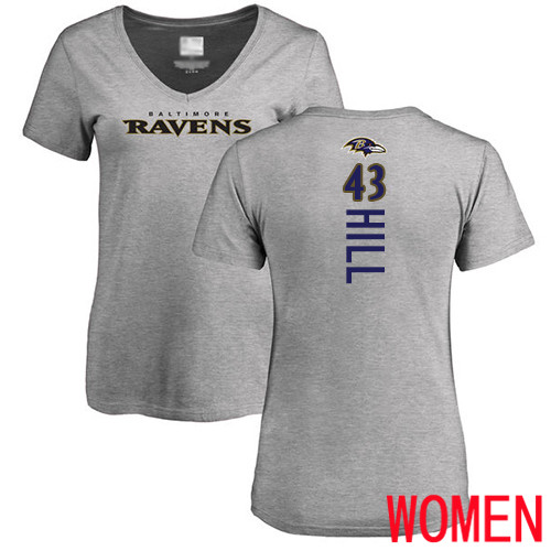 Baltimore Ravens Ash Women Justice Hill Backer V-Neck NFL Football #43 T Shirt->women nfl jersey->Women Jersey